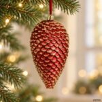 Ornament de Brad in Forma de Con de Brad Rosu cu Glitter Ø18cm