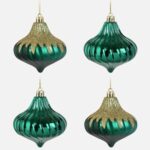 Set Globuri de Craciun Verzi Onion cu Glitter Auriu 8cm - 4buc