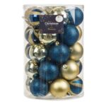 Set Globuri de Craciun Albastre Aurii Mate Stralucitoare cu Glitter Ø7cm & Beteala - 30buc