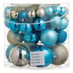 Set Globuri de Craciun Bej Turcoaz Mat Stralucitoare Glitter 4-6-8-10cm & Beteala - 54buc