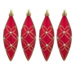 Ornamente Brad de Craciun Rosii Mat cu Margele & Glitter 12cm - 4buc