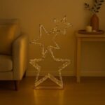 Stea Decorativa de Craciun Tripla Metalica cu Panglica Sampanie & 350 LED Timer 51x10x82cm - Alb Cald