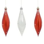 Ornamente Brad de Craciun Turturi Rosii Alb cu Dungi cu Holografice 14cm - 3buc