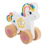 Unicorn din Lemn Alb Roz Stea cu 4 Roti 12x5x12cm