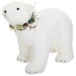 Figurina Decorativa de Craciun Urs Polar din Spuma cu Coronita Verde 47cm