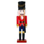 Soldat din Lemn Decorativ de Craciun Uniforma Rosie Albastra Caciula Neagra de Blana 50cm